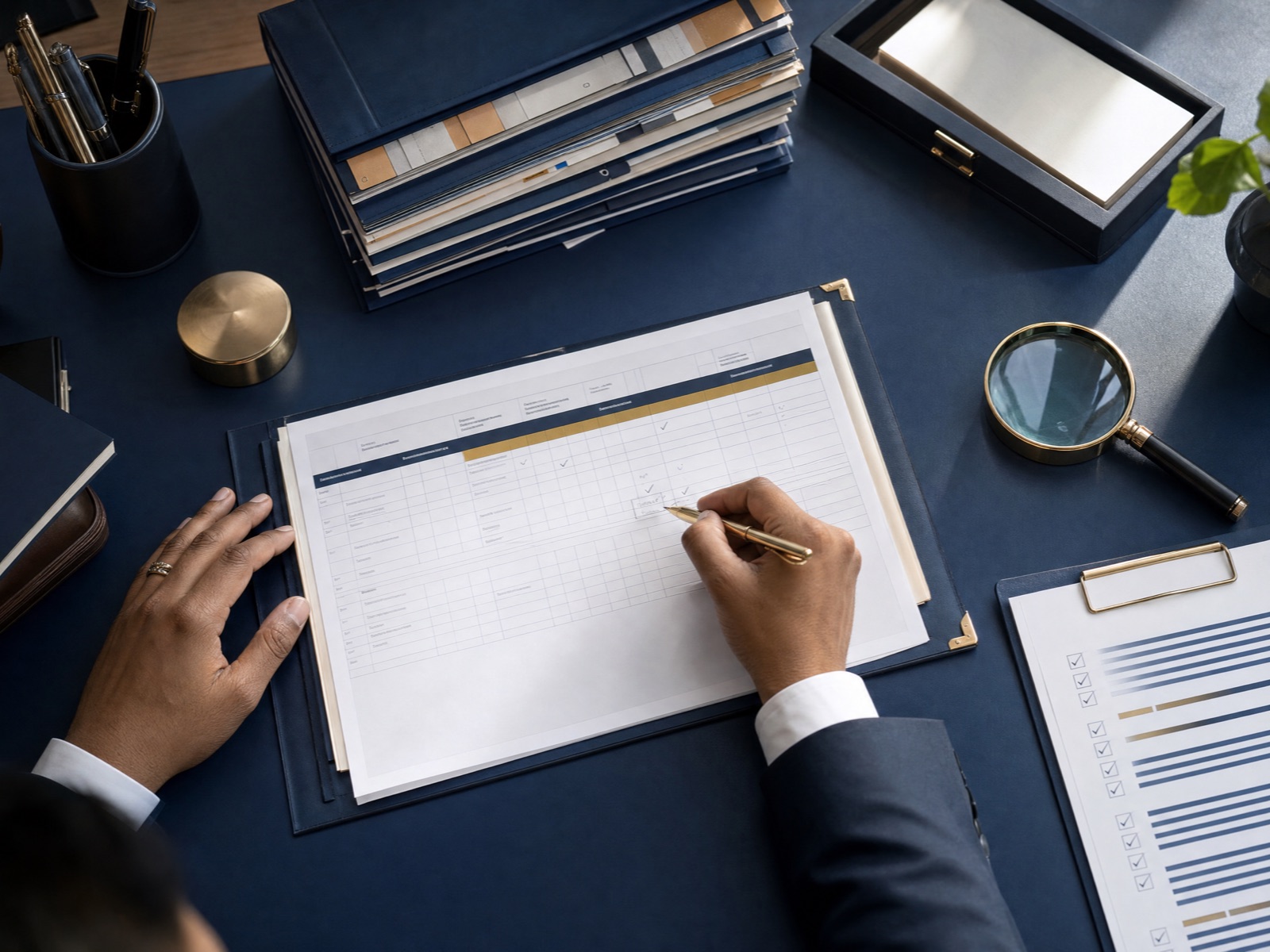 Overhead view of internal control working papers, checklists and a calculator on a desk.