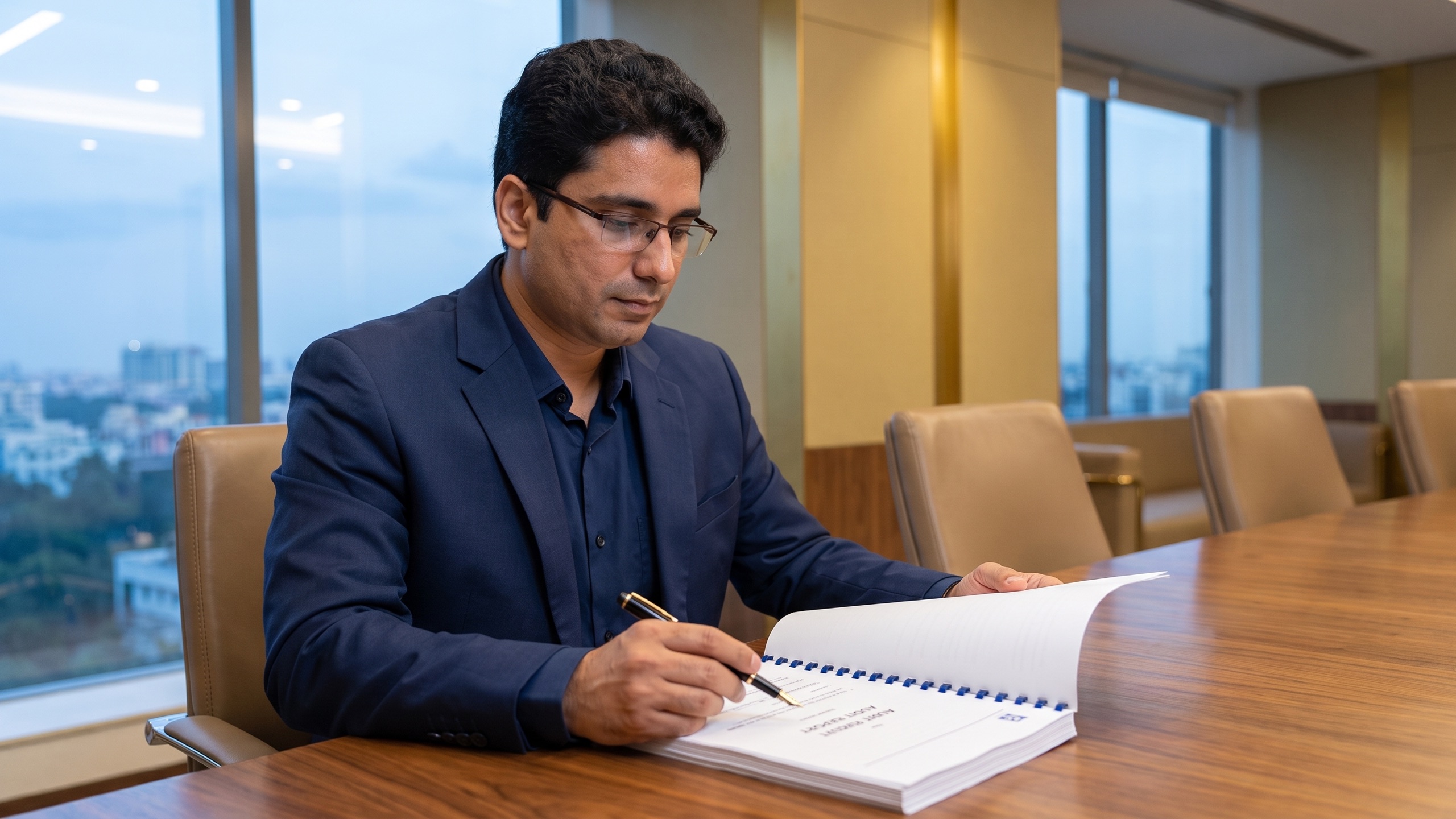A chartered accountant reviewing an audit report at a boardroom table.