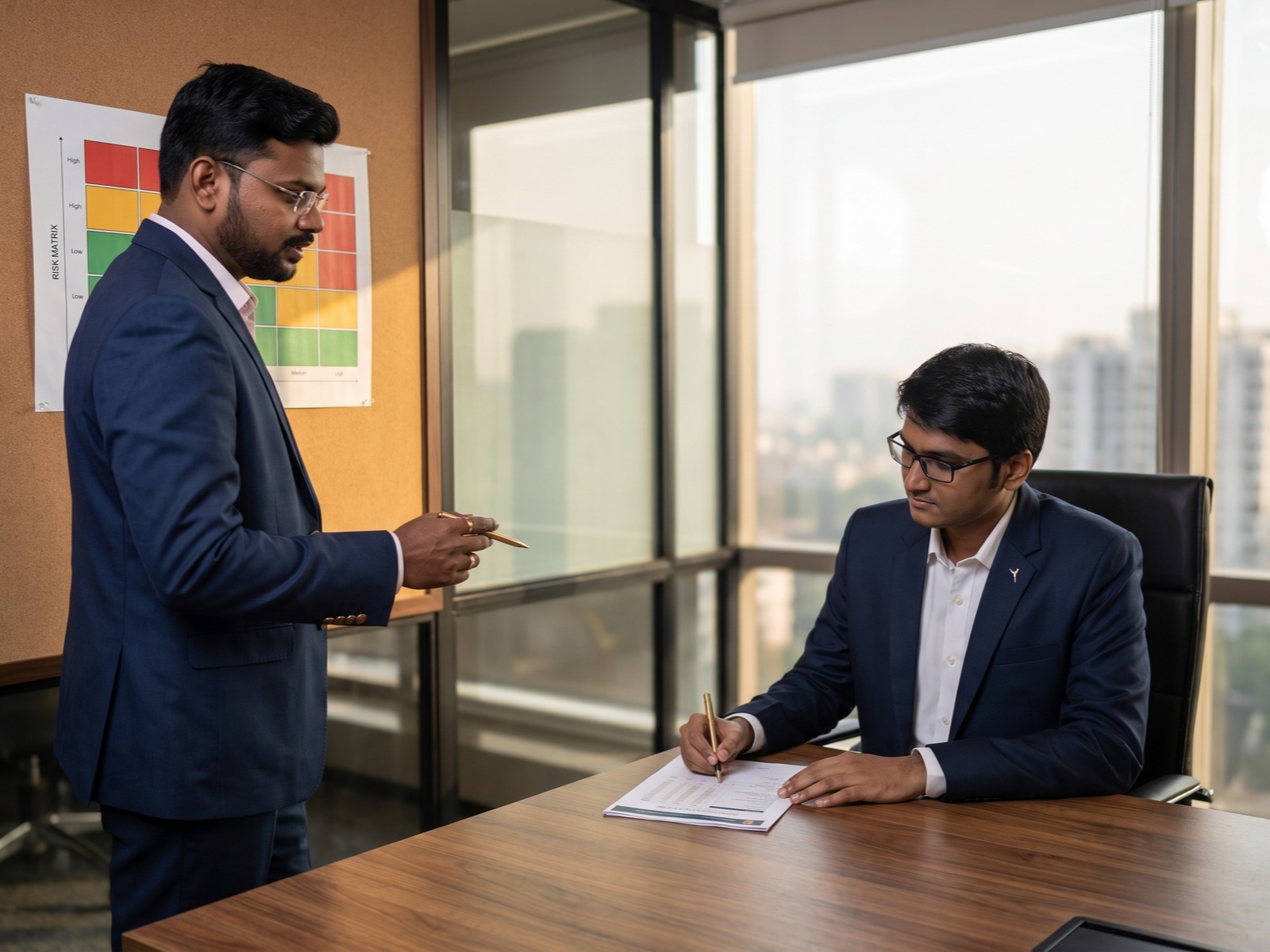 Two partners in an internal audit working session, reviewing documents together.