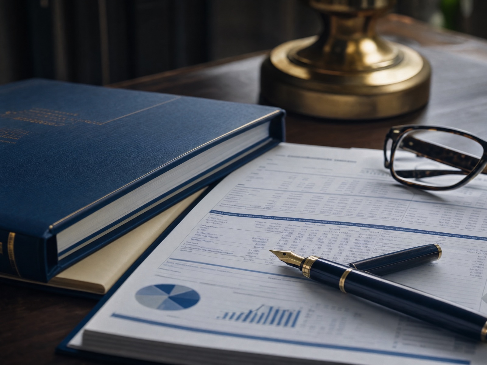 Bound annual report and audited financial statements open on a partner's desk.