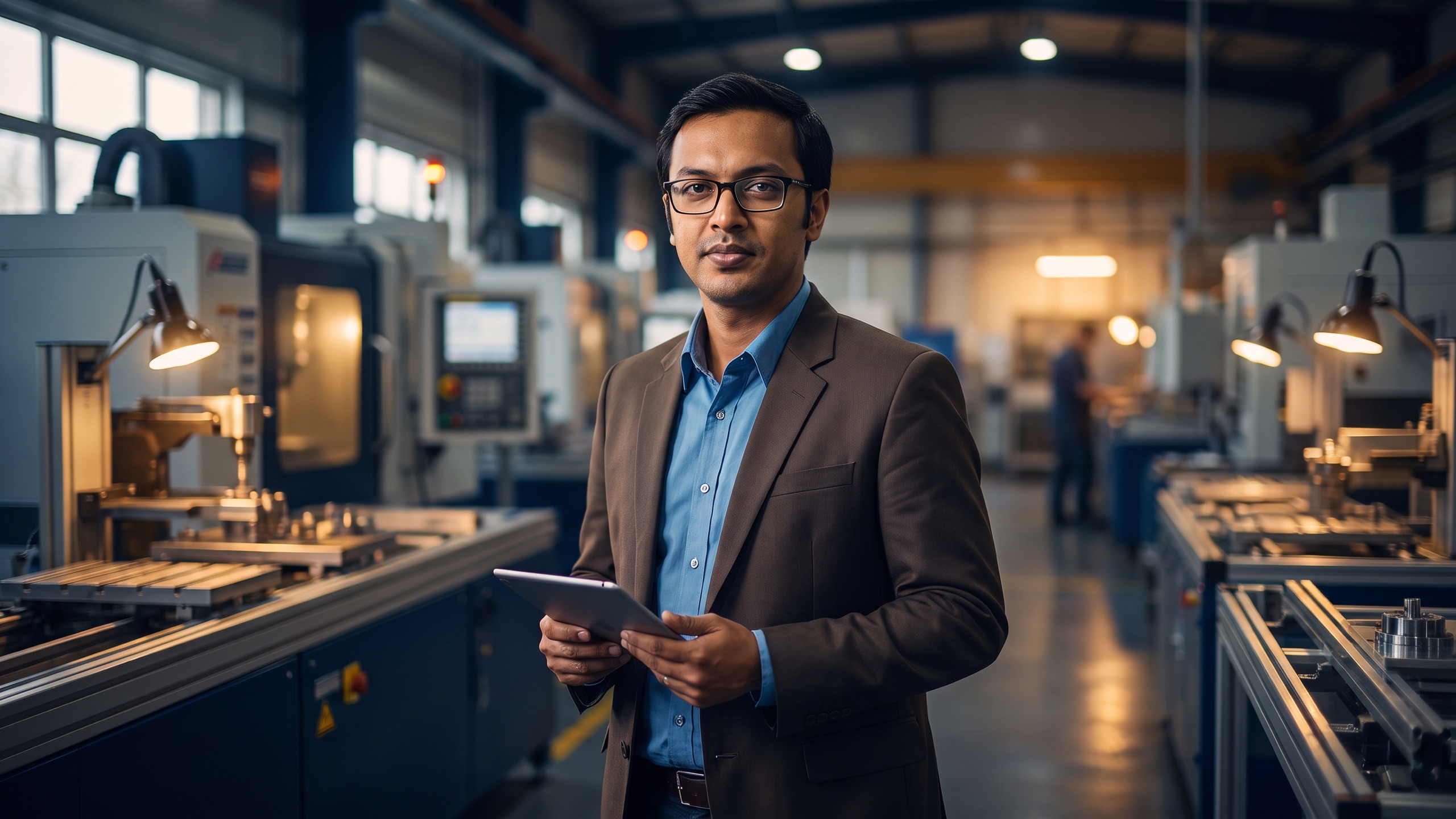 A chartered accountant reviewing quality figures on a tablet beside machinery on a precision manufacturing floor.