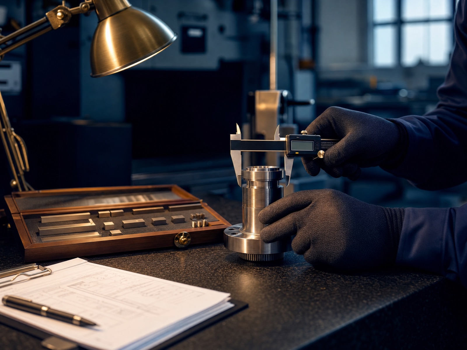 Close-up of a precision component being measured with a dial gauge during a quality inspection.