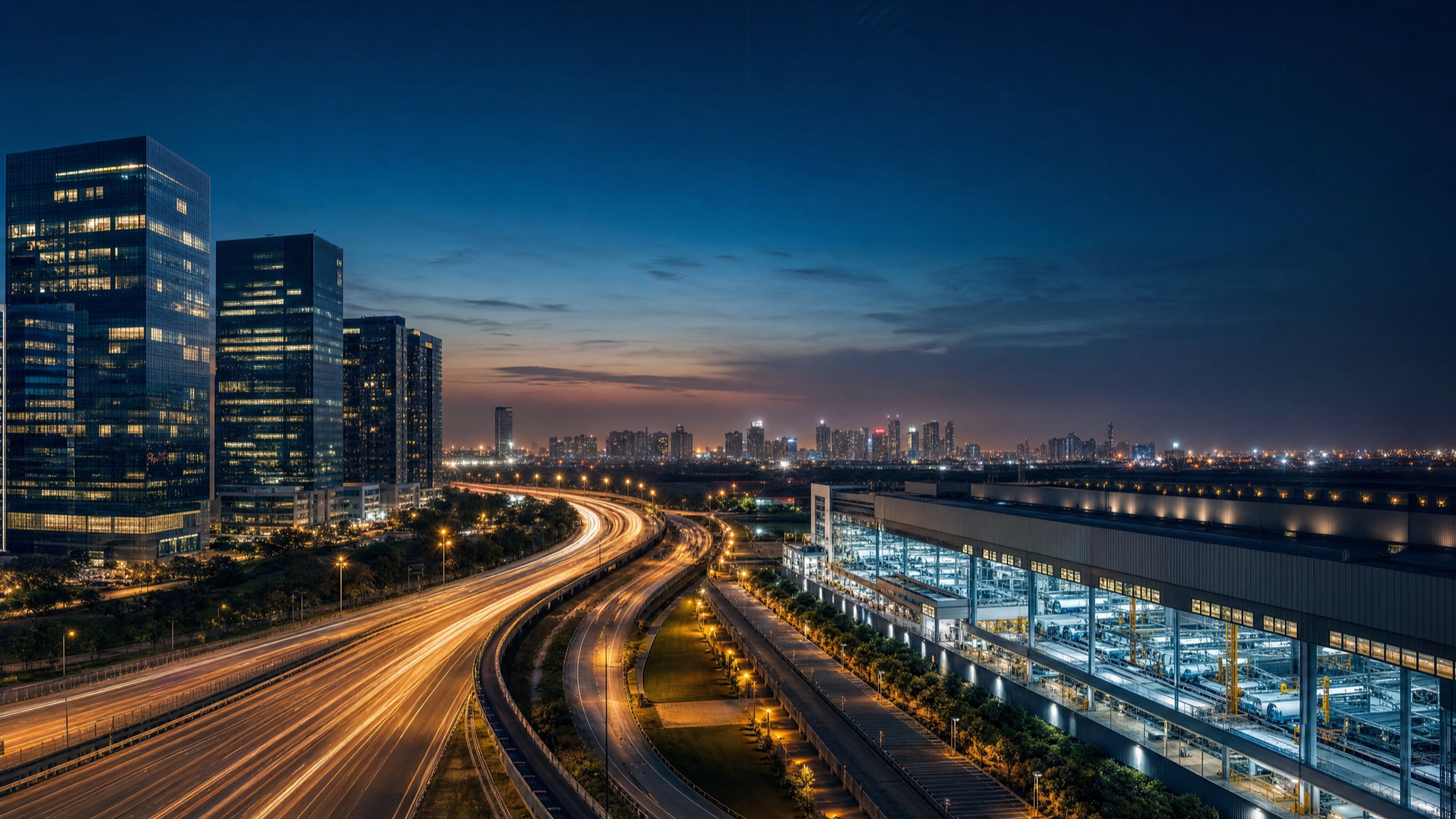Dusk panorama of an Indian business district: lit corporate towers beside a modern manufacturing plant.