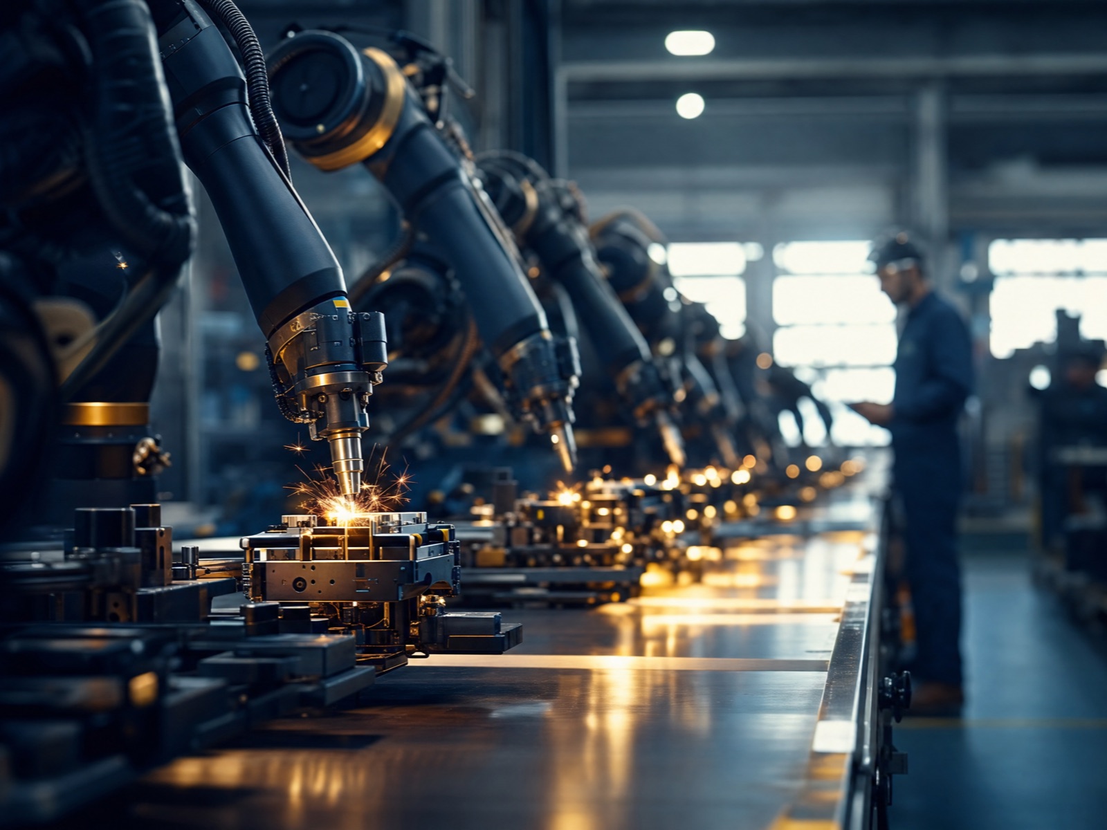 Modern manufacturing floor with production lines and overhead gantries in a well-lit plant.