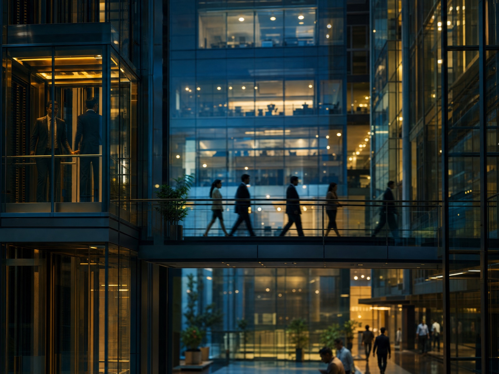 Daylit atrium of a modern office building, the working environment of the services economy.