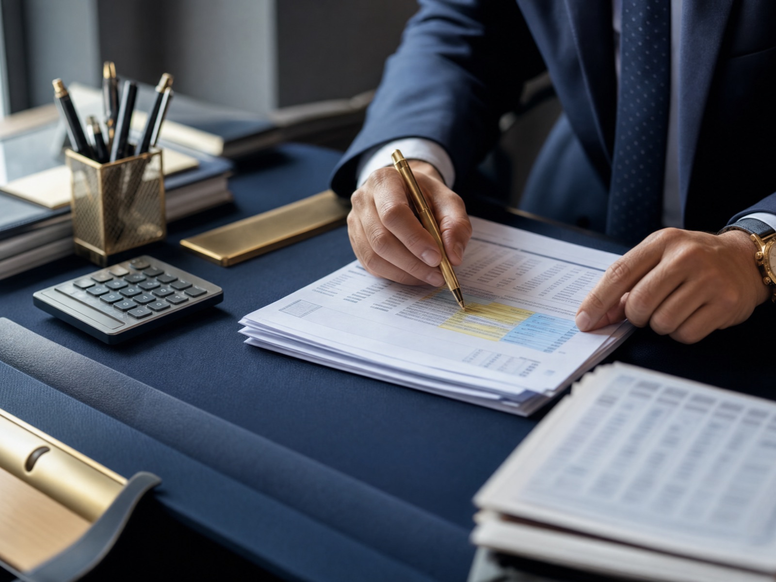 A tax computation being worked through at a desk, with returns, a calculator and marked-up schedules laid out.