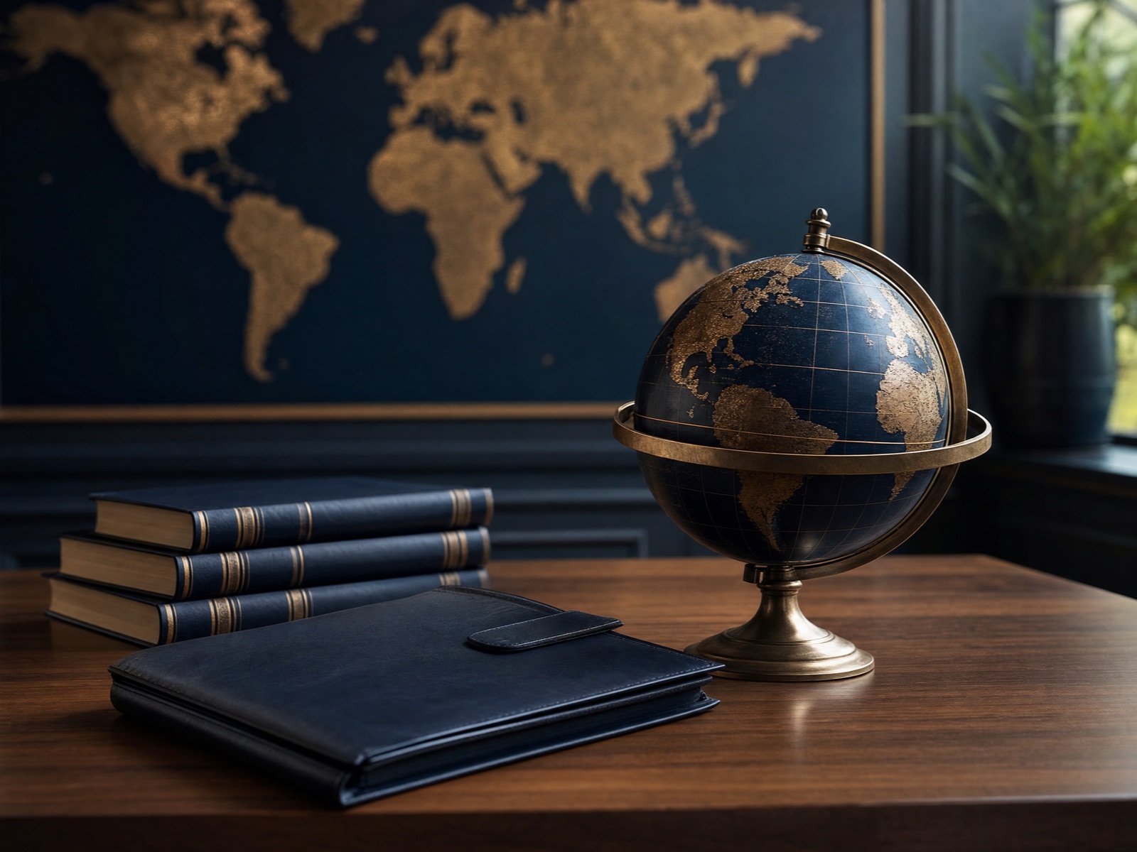 A desk still life of a globe beside cross-border filing documents and a fountain pen.