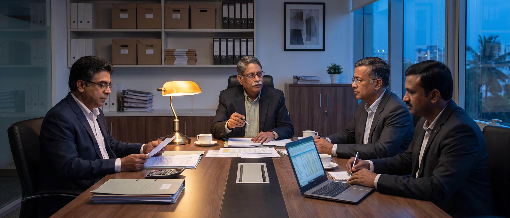 RVKS partners R. Venkatakrishnan, L.K. Sivaramakrishnan, R. Mohan and Suresh Babu in discussion around the boardroom table at the firm's Chennai office.