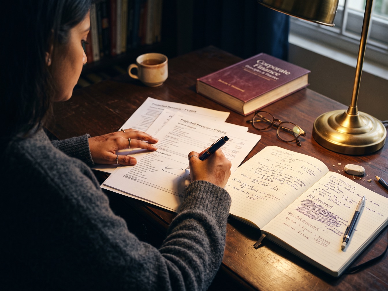 A professional at a desk turning away from an older set of bound volumes towards a fresh, open notebook.